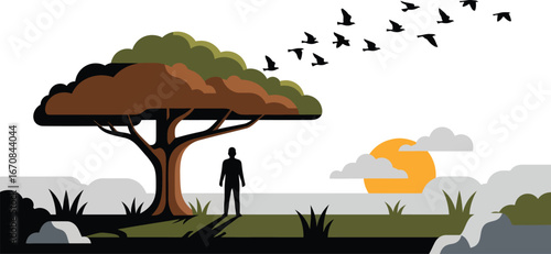 A solitary figure stands beneath a large tree, watching a flock of birds fly towards a setting sun on the horizon.