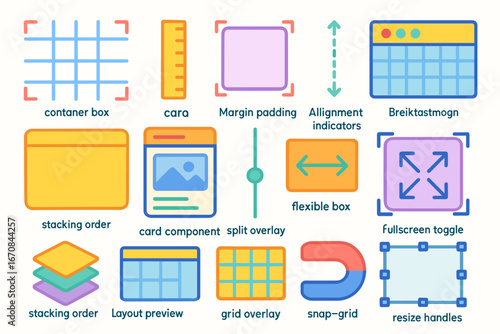 Web design flat icon set. ui, ux, layout, interface, elements, flexible, grid icons