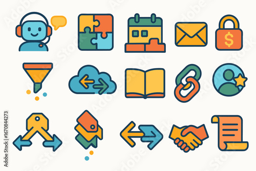 Communication, business flat icon set. networking, chat, email icons in flat style