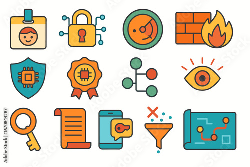 Security and technology linear icon set for firewalls, shields, and sensors