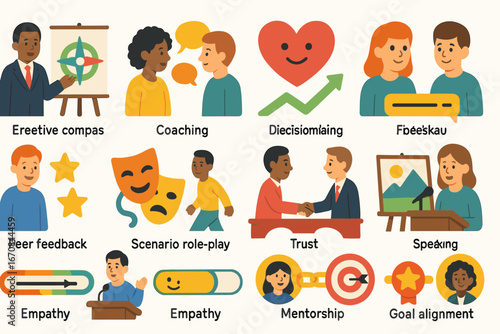 Business communication flat icon set: coaching, teamwork, presentation, trust