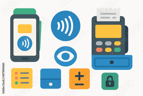 Payment and security flat icon set. contactless, safety, and privacy flat icons
