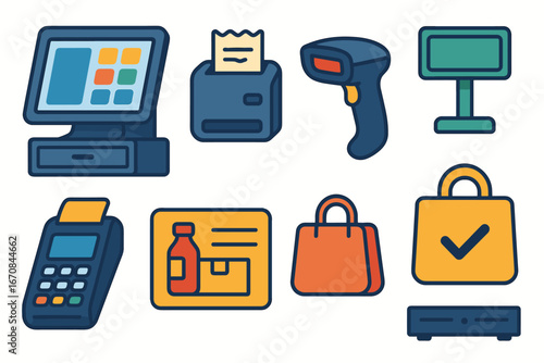 Retail and shopping icon set. flat style pos, bag, barcode, receipt, payment icons