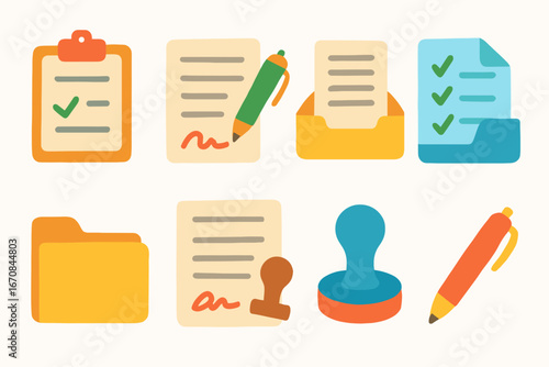 Business, office flat icon set. document, stationery, folder flat collection