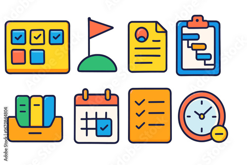 Project management flat icon set. tasks, planning, timeline, checklist icons collection