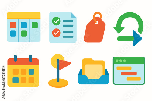 Business, productivity flat icon set. office, task management, efficiency icons