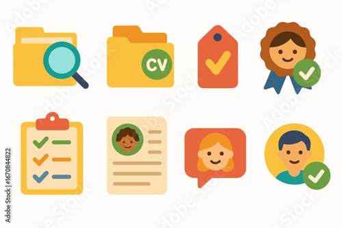 Job application flat icon set. resume, interview, hiring, recruitment flat collection