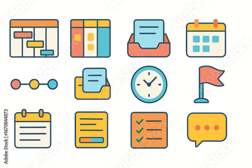 Project management flat icon set. task, calendar, timeline, planning icons collection