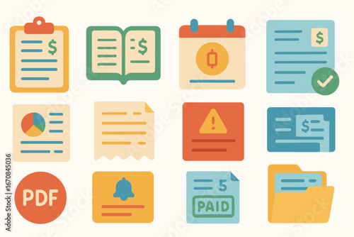 Finance and document flat icon set. accounting, payment, report, invoice in flat style