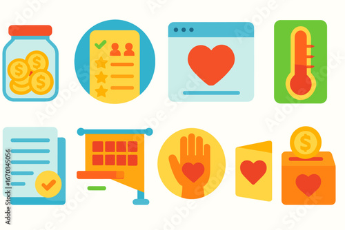 Charity, donation flat icon set. volunteering, fundraising icons flat collection