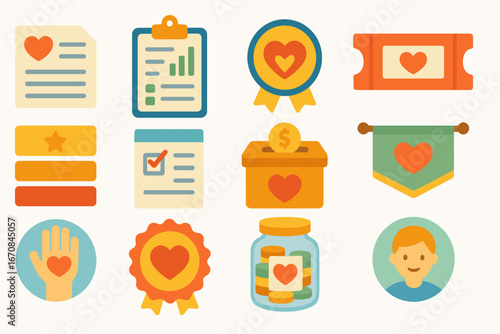 Charity and donation flat icon set. philanthropy, support icons art collection