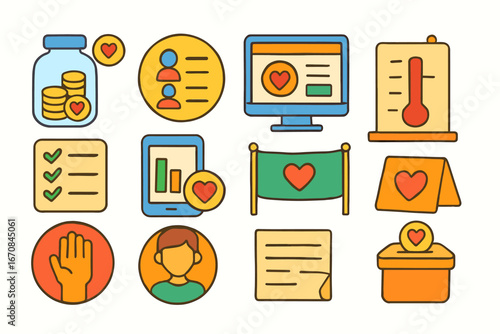 Charity, donation flat icon set. fundraising, volunteer icons collection