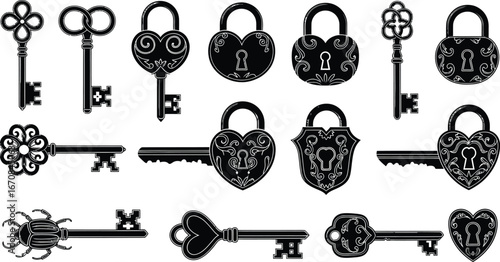 Vintage Keys and Locks Illustration Set.