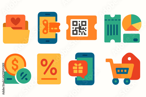 Shopping and retail flat icon set. e-commerce, discount, payment flat collection