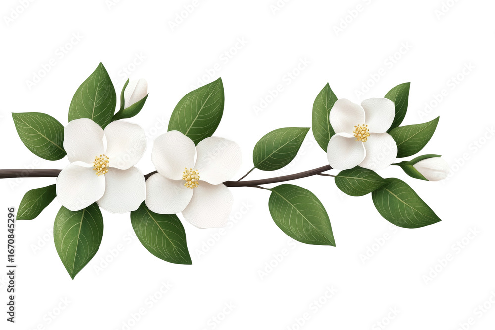 Obraz premium White flower with green leaves is on a branch, isolated