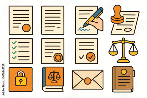 Document and legal outline icon set. paperwork, law, agreement icons collection