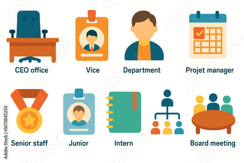 Office roles flat icon set. team, corporate, management icons in flat design