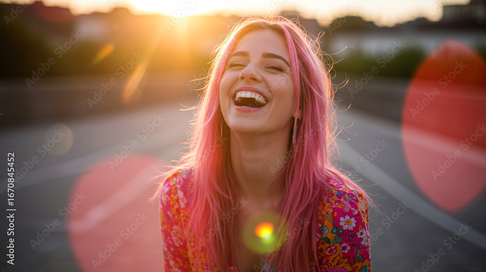Naklejka premium A happy young woman with bright pink hair, laughing in a sunlit urban setting with a lens flare. This joyful and unique portrait captures a sense of freedom and individuality.