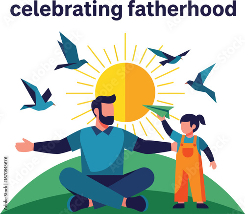 Illustration depicting a father and child celebrating fatherhood with paper airplane and birds.