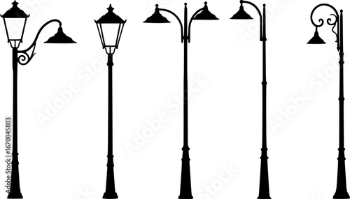 Street Lamp Silhouette Icons Collection in Black Vector Style for Urban, Lighting, and Public Design
