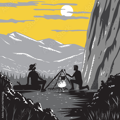 Illustration of campers sitting around a campfire in Yosemite Valley within Yosemite National Park in California, USA done in retro woodcut style. 