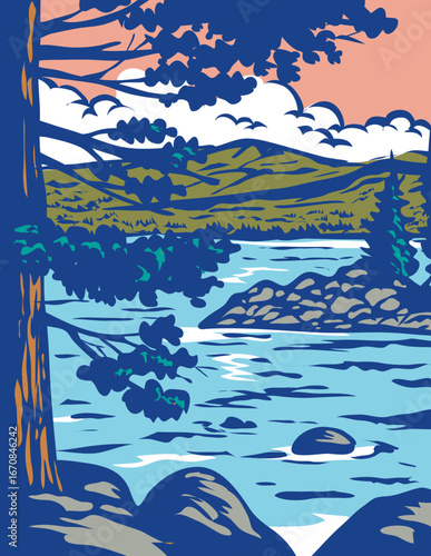WPA poster art of Emerald Bay State Park in South Lake Tahoe, California, USA done in works project administration style.