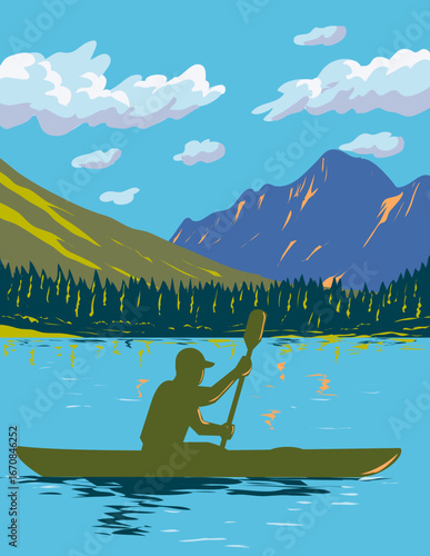 WPA poster art of man in kayak paddling in Lake Josephine located in Glacier National Park, Montana, United States done in works project administration or federal art project style.