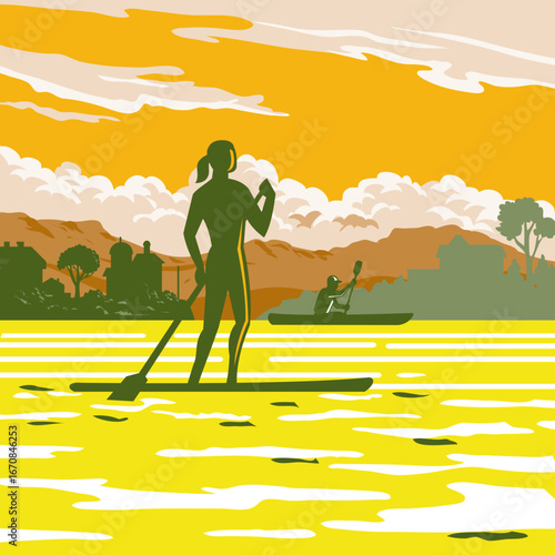 WPA poster art of stand up paddle and kayak in the Bay of Kotor or the Boka located on the Adriatic Sea in southwestern Montenegro near the Croatian border done in works project administration.
