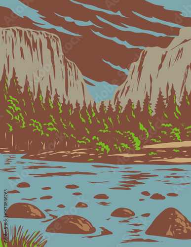WPA poster art of El Capitan in Yosemite National Park in California, USA done in works project administration style.