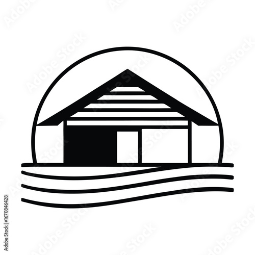 retro sunset behind a beach hut silhouette