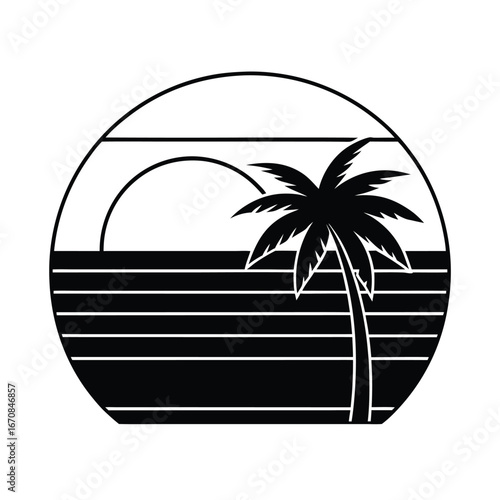 sunset with palm leaves frame in retro neon style