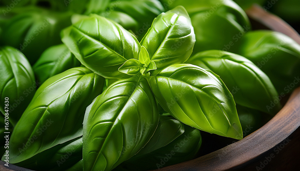 Obraz premium fresh basil leaves close up shot of fresh basil leaves showcasing the vibrant green color and intricate details of the leaves a symbol of freshness and culinary delight
