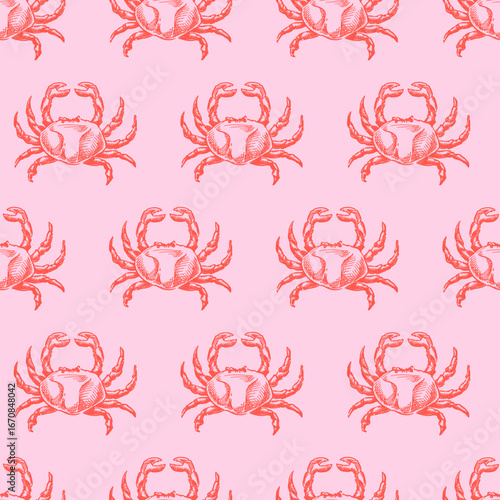Red crab seamless pattern. Vector hand drawn sketch illustration. Seafood doodle pink background. Marine print design