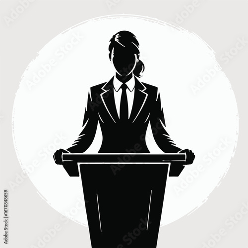 Confident businesswoman delivering a powerful speech from a podium, making a strong impression on her audience with her professional poise.