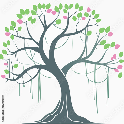 vector illustration of luxuriant canopy with gunmetal branches, pastel pink blossoms, and lime tendrils twining upward in exuberant organic growth