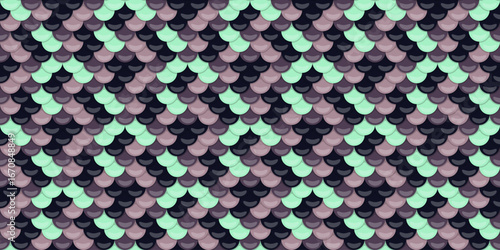 Elegant seamless pattern of overlapping scales in muted teal, purple, and dark gray.  Perfect for fashion, website backgrounds, or any design needing a subtle yet sophisticated texture.