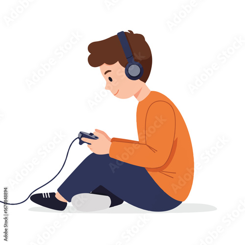 Illustration of a boy sitting on the floor wearing headphones and playing a video game with a game controller on a white background.