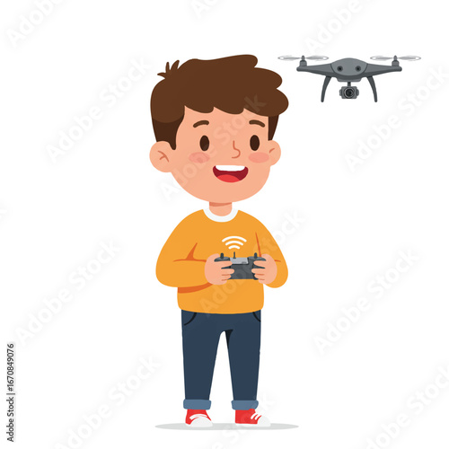 A cheerful boy operating a drone controller with a flying drone in the background on a white surface with a playful mood.