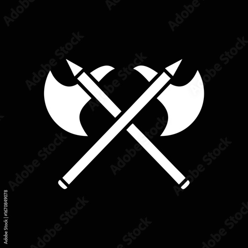 Silhouette crossed axes vector on black background, perfect for rustic logos, survival gear branding, camping insignias, and outdoor adventure designs.