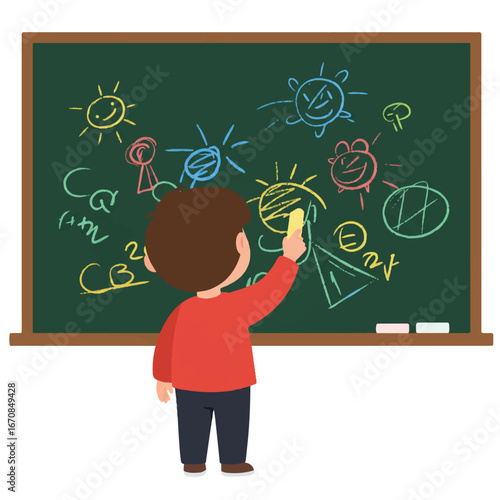 A young boy drawing colorful math symbols on a green chalkboard with a piece of yellow chalk.