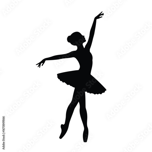 Silhouette of a young ballerina dancing in a graceful pose against a clean white background.