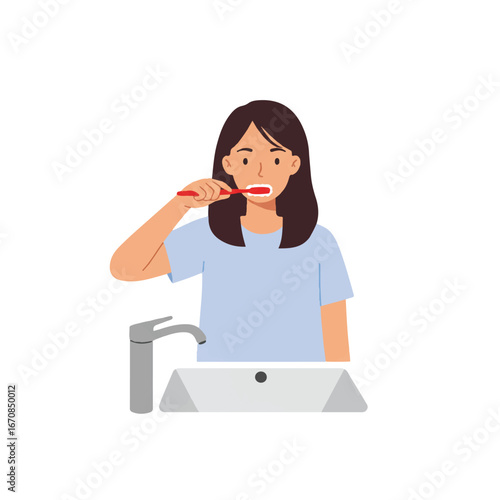 Illustration of a woman brushing her teeth with a red toothbrush in front of a bathroom sink.