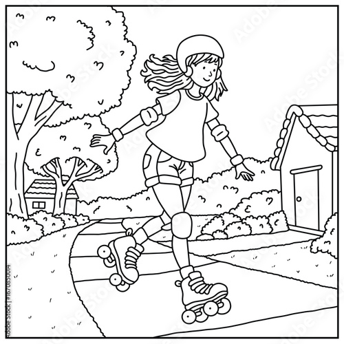 Coloring Page of a girl skating with roller skates