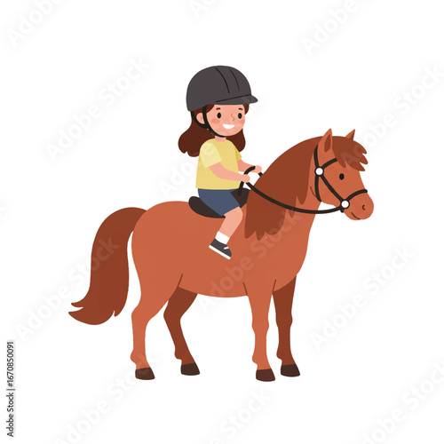 Cartoon illustration of a smiling girl riding a brown horse wearing a helmet against a white background.