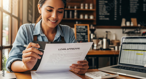 small coffee shop owner holding paperwork and a pen, reviewing a loan approval document with a hopeful smile