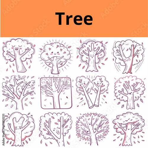 Diverses illustrations d'arbres dessinées à la main dans différents styles et formes