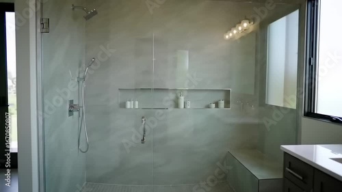 Modern bathroom interior with walk in shower