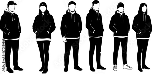 Set of vector silhouettes of men and a women, a group of standing business people, black color isolated on white background
