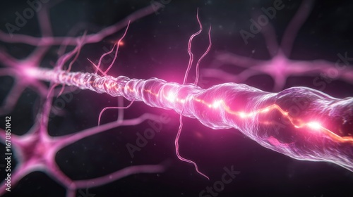 Glowing neuron network with magnesium crystals pulsing at synaptic junctions.