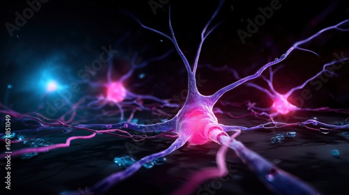Glowing neuron network with magnesium crystals pulsing at synaptic junctions.